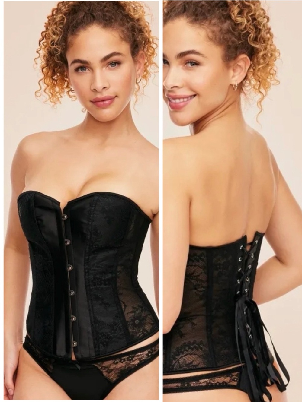Adore Me Ashoka Corset, satin and lace, jet black, adjustable, size L, NWT